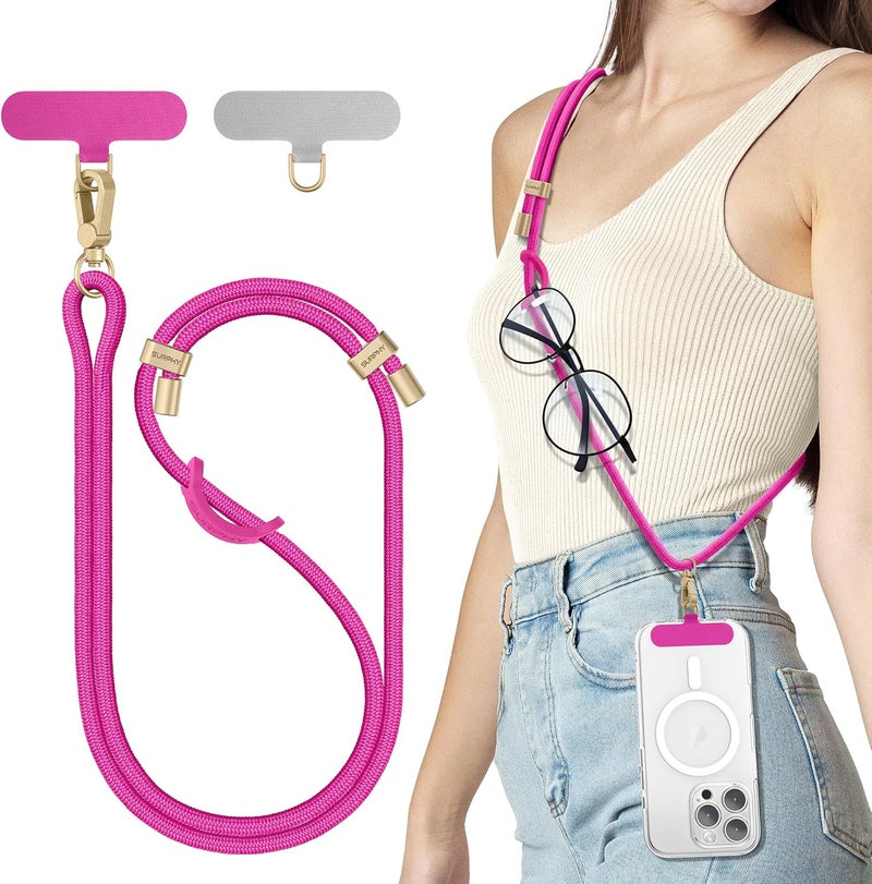 SURPHY Phone Lanyard Crossbody, Adjustable Cell Phone Lanyard with 2 Pack Phone Tether Tab, Two-Color Braided Phone Strap (Hot Pink) - Image 1